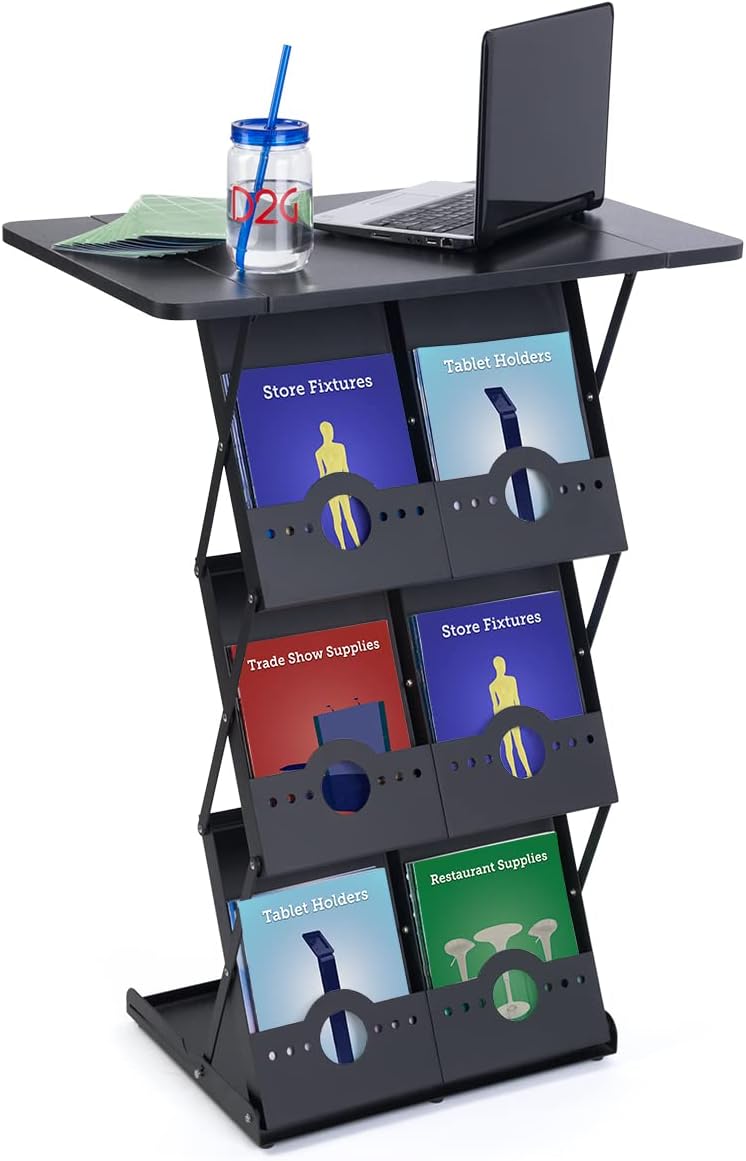 Displays2go 40 Inch Portable Counter, 6 Magazine Pockets, Collapsible, Carrying Case, Black (TDCBRBKBK)