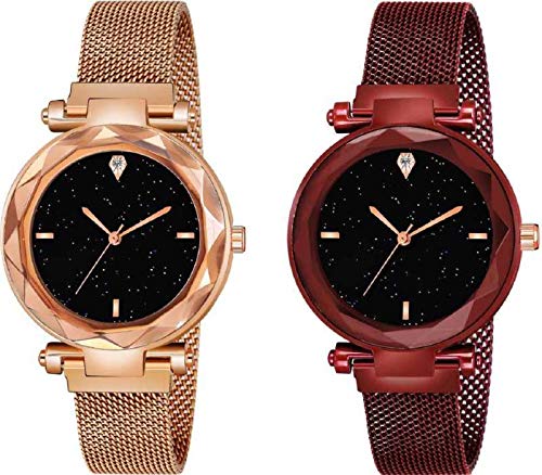 Acnos® Premium 4 Point Rose-Gold and Red Color with Trending Magnetic Analogue Metal Strap Watches for Girls and Womens Pack of - 2(P-180-210) (B08966GYM7) Amazon Price History, Amazon Price Tracker