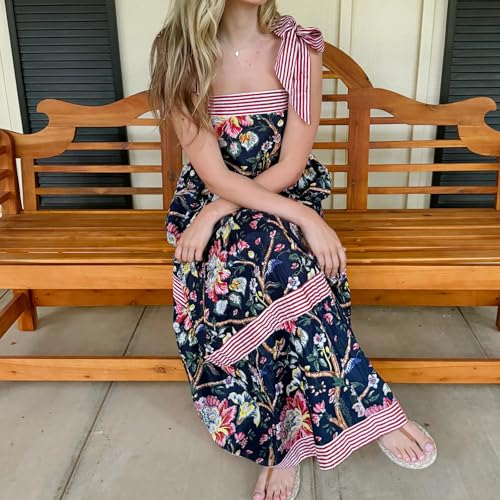 Image of Women Y2k Boho Maxi Dress Tie Shoulder Backless Strappy Tiered Flowy Dress 2024 Summer Floral Beach Sundress
