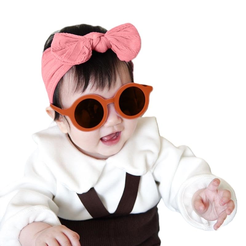 syga baby bow jacquard stretchable headband with uv protection round sunglasses stylish combo for toddlers and kids (pink, red frame, free size)