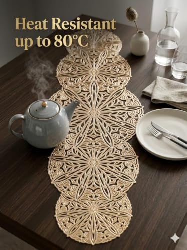 Image of Dakshya Industries Dining Table Mats Set of 7 | 6 Round PVC Placemats with Decorative Leaf Runner | Heat Rasistant