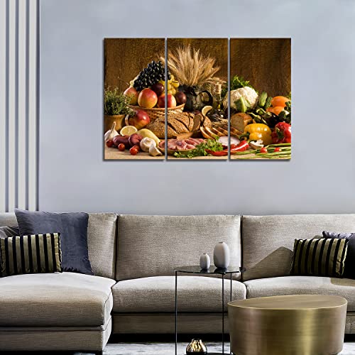 First Wall Art - Brown Fresh Food Grape Apple Fruit In Basket Bread Onion Little Tomato Sweet Pepper Cauliflower Wheat Gather On The Table Wall Art Painting Print On Canvas Food Pictures For Home #TOP1