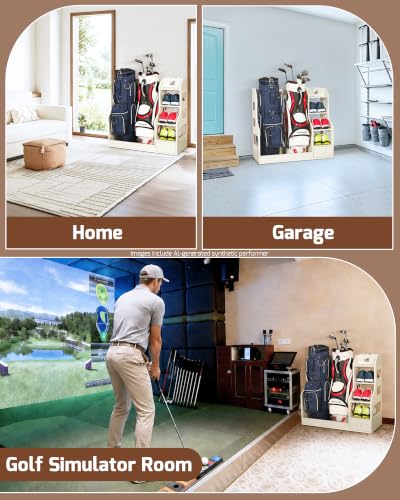 Image of Mythinglogic Wooden Golf Bag Storage Rack for 2 Bags with Drawer