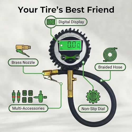 Image of SUVCARMPING 250 PSI Digital Tire Pressure Gauge, Heavy Duty Air Pressure Gauge with Backlight LCD (±1% Accurate), Professional Tire Gauge Kit with 4-Way Valve Tool Valve Caps Cores for Car Truck, Bike