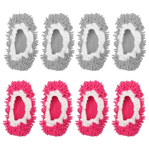 Image of MECCANIXITY Mop Slippers Washable Microfiber Floor Cleaning Shoes Cover Chenille Duster Foot Socks Tools for House Clean, Grey /Fuchsia 8 Pack