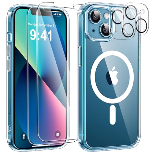 YisrLery 5 in 1 Coque pour iPhone 13 Aimantée avec 2 Verres Trempés et 2 Caméra Protecteur, Compatible MagSafe Dos Anti Rayures Coque Magnétique Antichoc TPU Bumper...