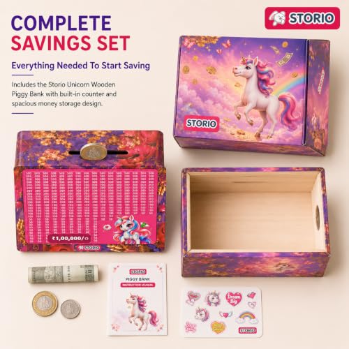 Image of Storio Unicorn Wooden Piggy Bank with Counter for Kids & Adults, Money Saving Box, Wooden Coin Bank with Number Counter, Cash Savings Bank, Coin Collection Box for Home Office Decor
