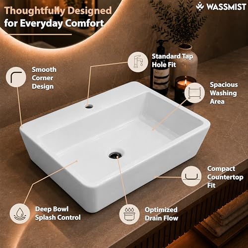 Image of WASSMIST Wash Basin | Table Top WashBasin for Bathroom with 10 Year Glaze Warranty | Premium Ceramic Rectangular Basin (17 X 14 X 4.50 inch)