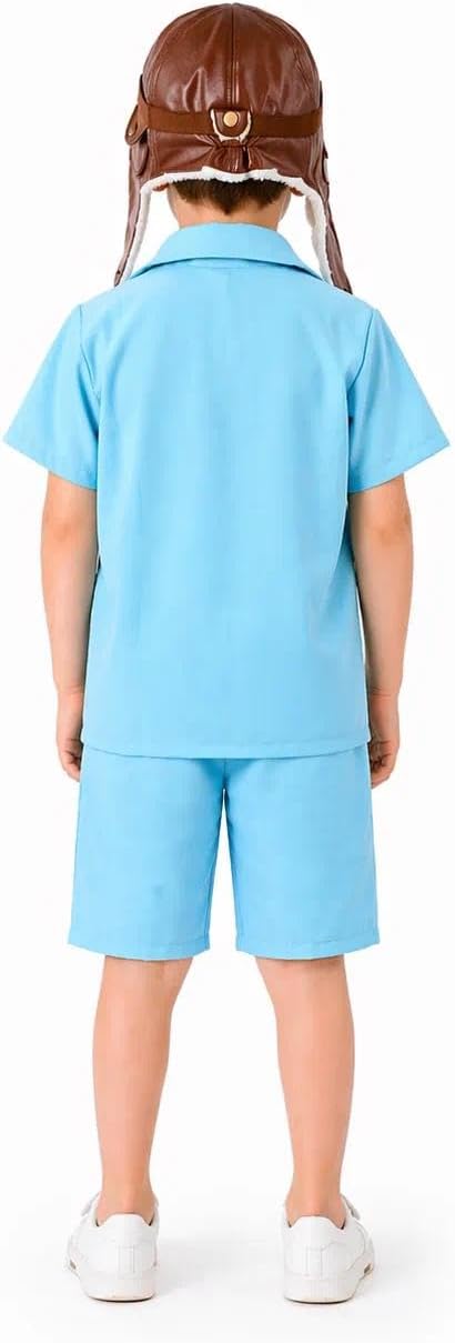 Kids Pilot Aviator Costume Set with Shirt Shorts and Hat, Blue Adventure Outfit for Dress Up Parties