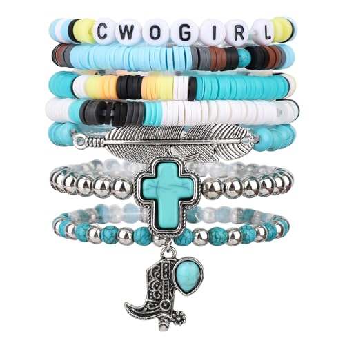 7pcs Western Cowgirl Bracelets Set, Stackable Bohemian Beaded Bracelets with Vintage Charms Y2K Style Summer Beach Country Jewelry Cowboy Outfit Accessories for Women