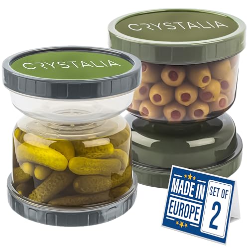 CRYSTALIA Prueba de Fugas Tarro de para Encurtidos con Colador Hourglass, Juego de 2, 1000cc, SIN BPA Tarro Reloj de Arena Aceitunas, Bote Aceitunas con Escurridor, Tarro para Encurtidos y Aceitunas