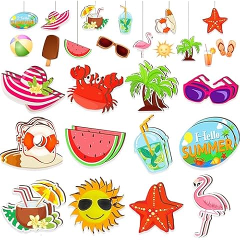 24Pcs Summer Ornaments for Tree Wood Hanging Beach Party Decoration Hawaiian Beach Wooden Pendant Christmas Winter Tree Decorations with Rope and Holes for Luau Party Supplies Summer Decorations Cover