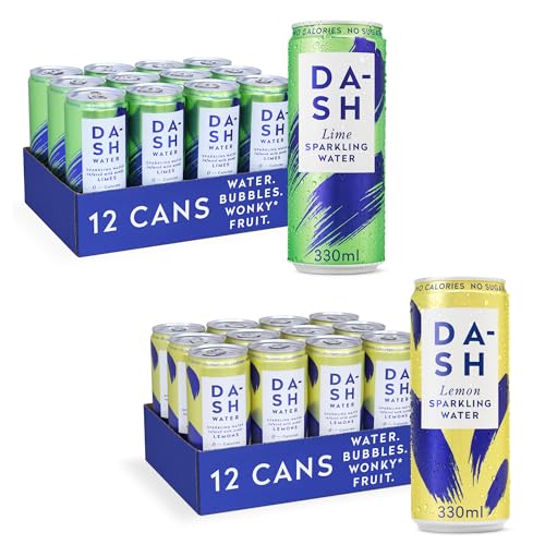 Image of Dash Water Lime & Lemon - 24 x Flavoured Sparkling Spring Water NO Sugar, NO Sweetener, NO Calories - Infused with Wonky Fruit (12 Lime & 12 Lemon x 330ml cans)