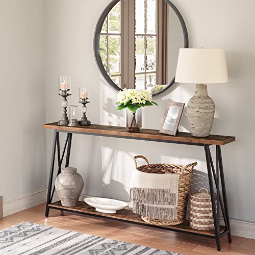 Mahancris Console Table, 63" Industrial Entryway Table, Extra Long Sofa Table Behind Couch, X-Shaped Support, For Entryway, Hallway, Living Room, Rustic Brown Cthr4801Z #TOP1