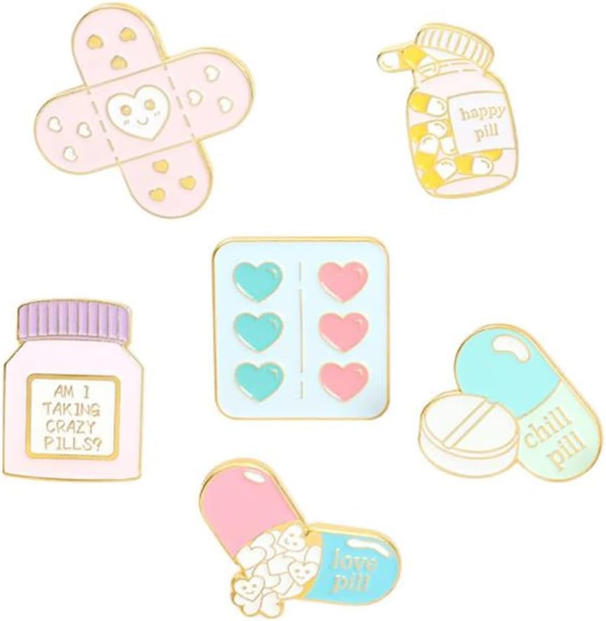 Chichengnian Cartoon Medicine Enamel Pins Cute Mini Heart Band-Aid Pill Capsule Medicine Bottle Shape Letter Brooch Pin for Doctor Nurse