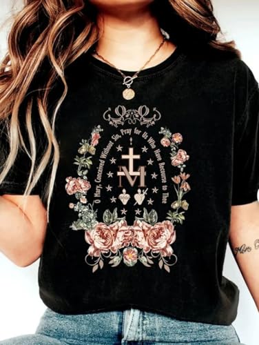 RIVER BOUTIQUE Marian Catholic T-Shirt And Sweatshirt, Virgin Mary T-shirt, Catholic Gifts For Women, Catholic T-shirt, Marian Cross Shirt, Floral Women Religious Shirts,Marian Cross T-Shirt, Floral Design, Teal3