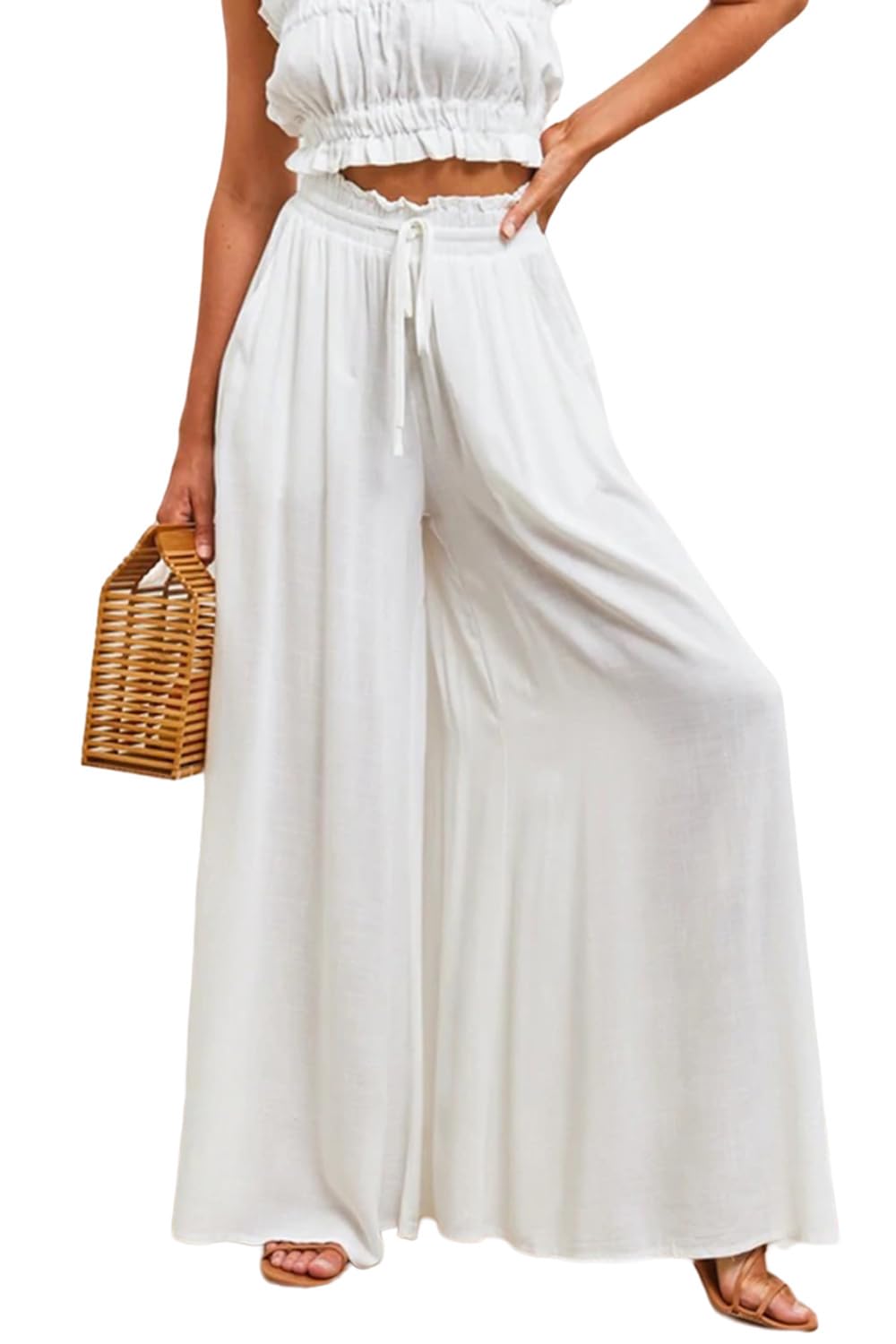 YOCUR Women Summer Beach Vacation Pants High Waisted Wide Leg Pants Printed Loose Flowy Casual Palazzo Lounge Trousers