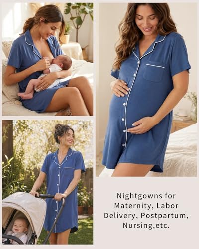 Image of Samring Pajama Nightgown for Women Short Sleeve Button Down Boyfriend Night Gown Nightdress Sleep Shirts