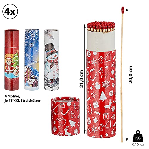 Cepewa Kaminstreichhölzer 4er Set | L 20cm 4 Packungs-Motive à 75 STK. | Streichholzschachtel Holzdesign | XXL Zündhölzer (4X 75 STK. Weihnachtsdesign)