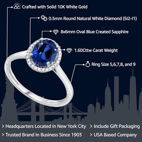 Gem Stone King 10K White Gold 8X6MM Oval Gemstone Birthstone & White Diamond Halo Engagement Ring | Wedding Anniversary Promise White Gold Ring For Women | Size 5,6,7,8,92