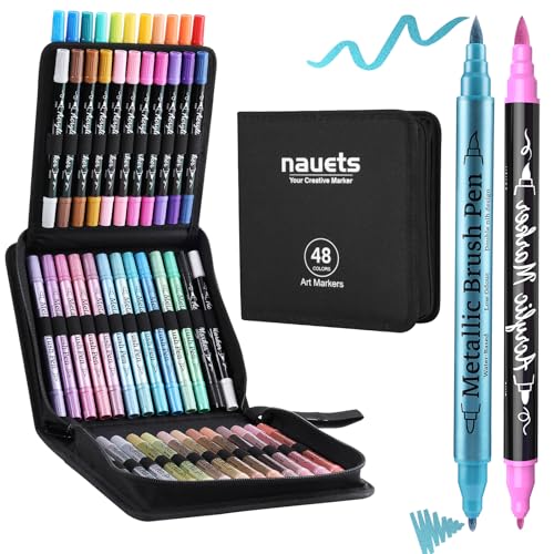 nauets 48 Pack Metallic & Acrylic Paint Markers Set - 24 Colors Acrylic + 24 Metallic Markers, Dual Tip Paint Pens with Brush/Fine Tip for Paper, Rock, Wood, Canvas, Glass, Ceramic DIY Crafts