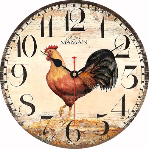 Toudorp 14 Inch Vintage Wall Clock Accurate Quartz Movement Silent Non Ticking Round Clocks Battery Operated Toudorp 14 Inch Vintage Wall Clock Accurate Quartz Movement Silent Non-Ticking Round Clocks Battery Operated Arabic Numerals Wooden Clock(Color Rooster)