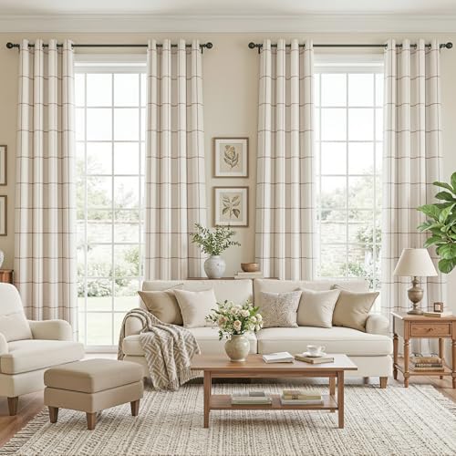 Image of MYSKY HOME 100% Blackout Brown Plaid Linen Ceiling Curtains 108 Inch Long 2 Panels Set Double Layer Farmhouse Thermal Insulated Checkered Print Drapes for Living Room Bedroom, Pack-2, 52 inch Wide