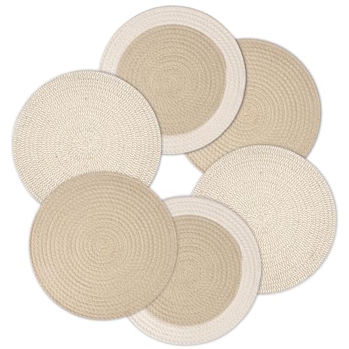 Image of Dining Table Mats Set of 6 | Cotton Table Mat 32 cm Diameter, Encasa XO Washable Round Table Mats, Heat Resistance Dining Table Placemats, Handmade Ribbed Style for Centre Table, Beige Mix Combo