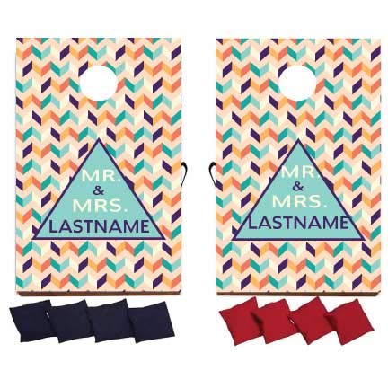 VictoryStore Custom Wedding Bag Toss Game - Custom Wedding Cornhole - Personalized Mr and Mrs Last Name Zig-Zag (Peach)