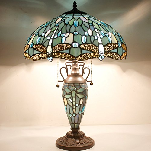 Image of WERFACTORY Tiffany Table Lamp Sea Blue Stained Glass Dragonfly Style Light