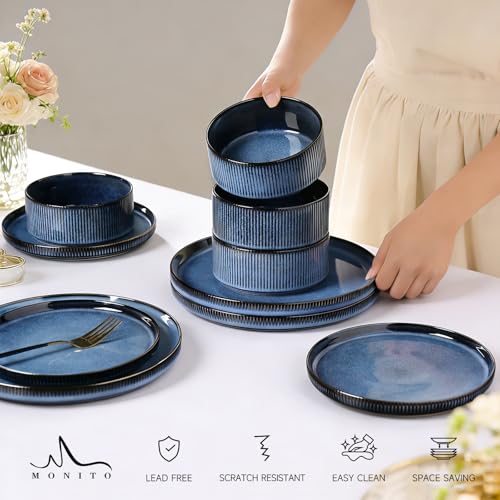 Image of Stoneware Dinnerware Sets for 4, 12Pcs Plates and Bowls Set, Midnight Blue