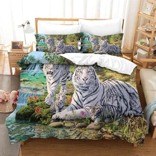 Parure de lit tigre blanc 3D 200x200cm housse de couette microfibre - 3