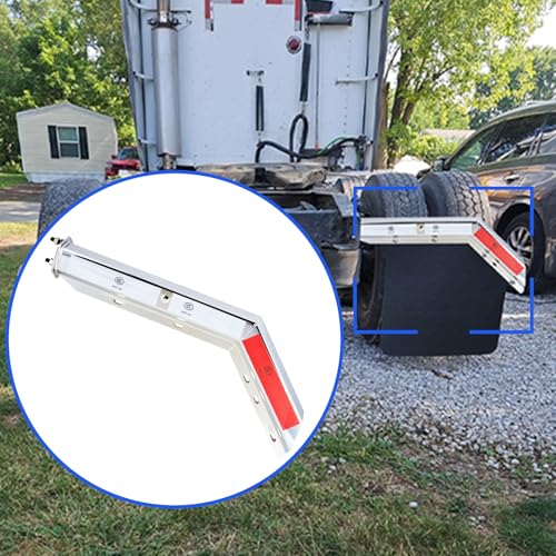 Image of Chrome Angled Spring Loaded Mud Flap Hanger Bracket Mudflap Holder Set with Conspicuity Tape, 30 inch Length Rear Bar for Semi Trucks, 1-1 /8 inch - 2.5 inch Bolt Spacing Mud with Reflective Tapes (2-1 /2 inch), Silver