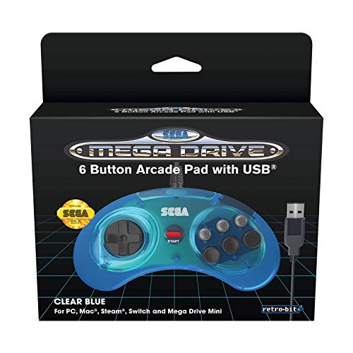 Retro-Bit Official SEGA Mega Drive USB 6-Button Controller for MEGA DRIVE MINI CONSOLEPCSwitchMacSteamRaspberry Pi - Clear Blue [ ]