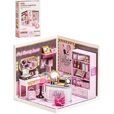 Rolife Super Creator Pink Beauty Secret DIY Miniature House Kit - No Glue Plastic Click-Assembly Dollhouse with Type-C LED Light - Stackable Room Box Toy for Adults and Teens (115 PCS)