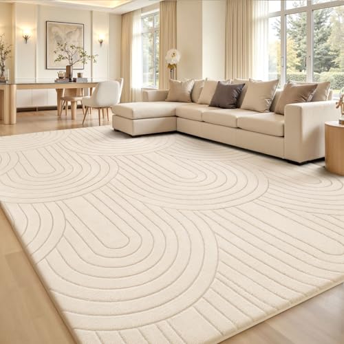 Treeboy Kurzflor Teppich Wohnzimmer, Teppich Groß 200 x 300 cm, 3D Halbkreismuster Carpet Beige Waschbarer Teppiche Schlafzimmer Flauschige Rugs, Teppiche Gegend mit Rutschmatte