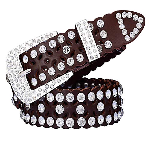 PmseK Cinturones Mujer, Fashion Rhinestone Cow Genuine Leather Belts For Women Luxury Pin Buckle Woman Belt High Quality Waist Strap For Jeans Female Coffee A 105cm