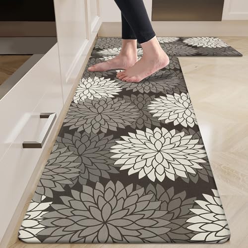 HEBE Kitchen Mats for Floor,Floral Anti Fatigue Kitchen Rugs Set of 2,Black