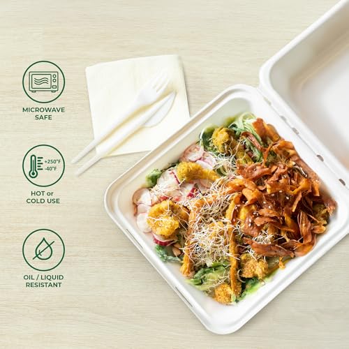 Image of Freshware Clamshell Food Containers with Lids [9x9 inch 100-Pack] Disposable To Go Containers, Biodegradable Sugarcane To Go Boxes - Paper Food Container - Microwave & Freezer Safe, Stackable