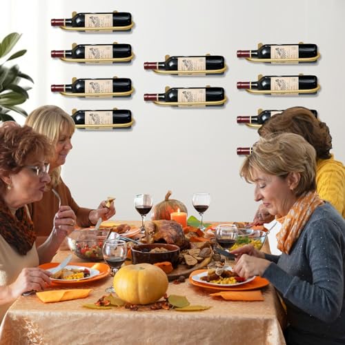 Image of Wine Rack Wall Mounted for 8 Wine Bottles, Metal Wall Hanging Wine Holder Storage, Wine Organizer Shelf for Kitchen Dining Room Bar (Golden-9Pcs)