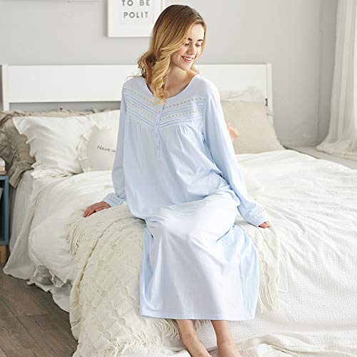 Keyocean Nightgown for Women, 100% Cotton Long Sleeves Lightweight Comfy Ladies Sleeping-Gown, Light Blue, Large