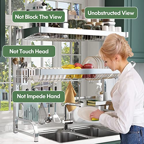 Boosiny Over Sink Dish Drying Rack, Adjustable (25.6"-35.5") 3 Tier Large Dish Rack Drainer For Kitchen Storage Counter Organizer, Full 304 Stainless Steel Shelf With Utensil Holder And 10 Hooks #TOP3