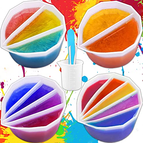 Geteilte Becher zum Ausgießen von Farben mit 2-5 Kanälen, 4 Stück Split Cup für Acryl Pouring Paint, Pour Painting Supplies with Measuring Cup and Silicone Stir Stick, Malzubehör Cover