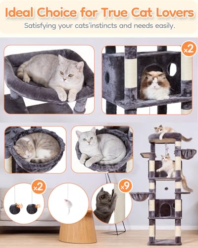 Image of Taoqimiao Heavy Duty Cat Tree, 73In Sturdy Cat Tower for Large Cats 25lbs+ | 2 Widen Condos, Enlarged Sleeping Platform, 9 Scratching Posts, 2 Cozy Baskets, Cat Toys, Smoky Gray, F30G