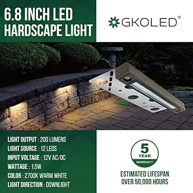 GKOLED 4-Pack Replaceable 6.8 LED Hardscape Lights, Low Voltage Retaining Wall Light, Paver Wall Hardscape Lighting, Outdoor Landscape Step Lights, 12VAC/DC 1.5W 2700K, Die-cast Aluminum Housing