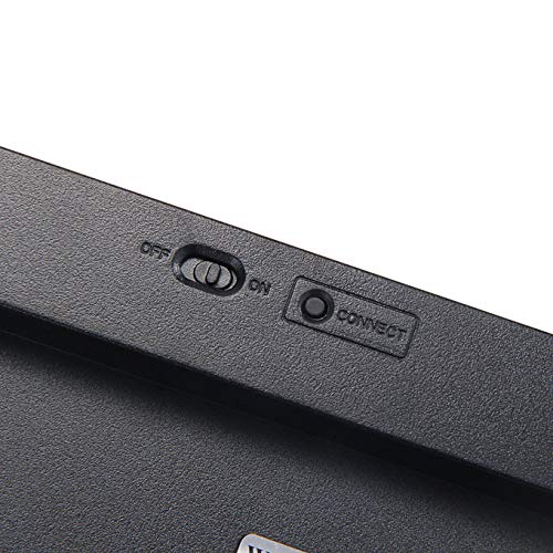 Close-up of the ON/OFF switch and Connect button on the Muvit keyboard