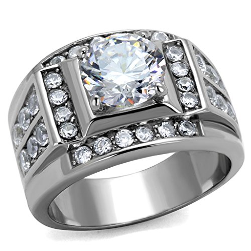 Marimor Jewelry Men's 4.03 Ct Round Cut Cubic Zirconia, Silver Stainless Steel Ring Size 12