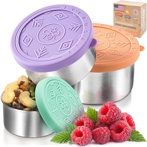 Image of Everusely - Stainless Steel Food Containers - 3 Pack, Bright - Metal Lunch Box - Nesting Snack Containers for Office, Home Food Storage - Leakproof Silicone Lids - Dishwasher and Freezer Safe