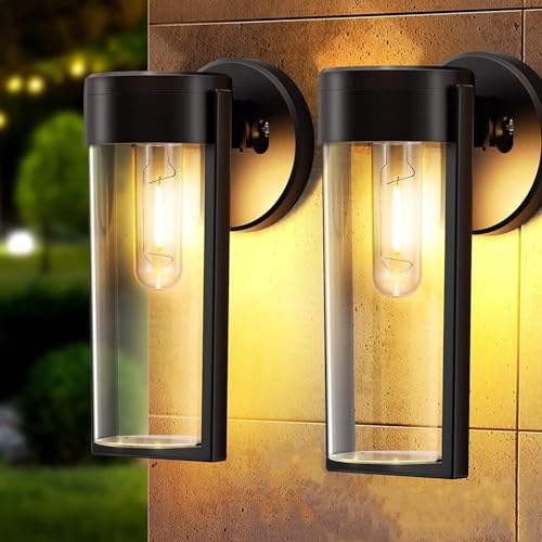 FORNORM Solar Fence Lights Outdoor Wall Lights 2 Pack, Garden Solar Lights Outdoor Waterproof Wall Sconce Black Wall Lantern Front Door Fence Patio Wall Lighting with Clear Acrylic Shade