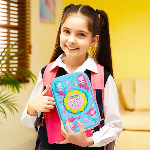 Image of VGRASSP Mermaid Theme Stationery Pencil Case for Kids with Mini Calculator - 3D EVA Zipper Pouch with Multi Storage Compartments - Fun School Stationery Organizer - Multicolor